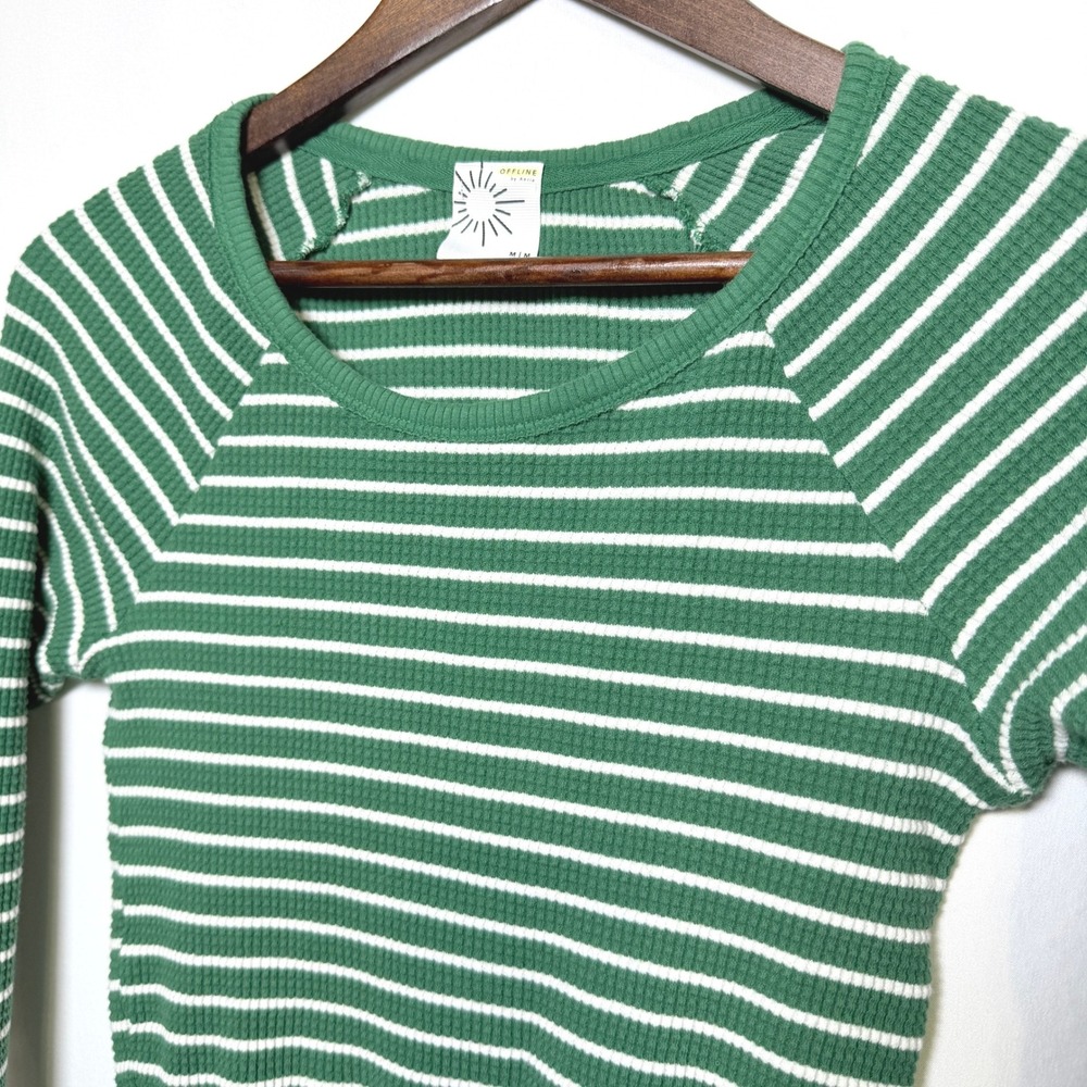 OFFLINE by Aerie Green White Striped Waffle Knit Cropped Long Sleeve Top Medium